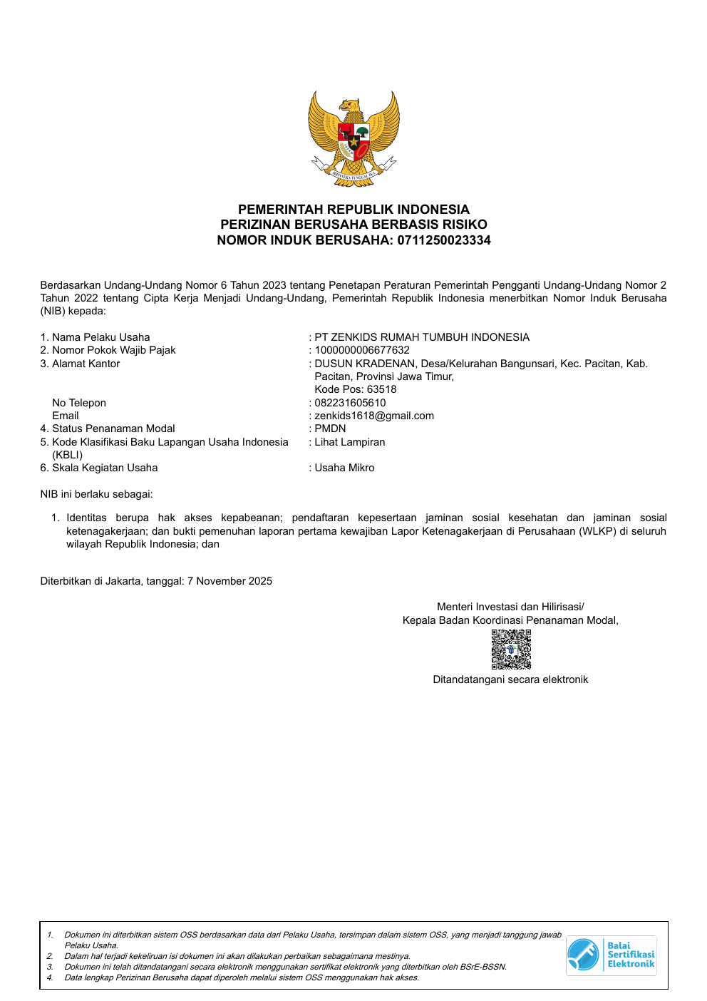 Preview halaman pertama Nomor Induk Berusaha (NIB) PT ZENKIDS Rumah Tumbuh Indonesia